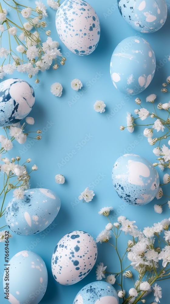 Easter eggs and spring flowers on a blue background with space for text, top view. Generated ai.