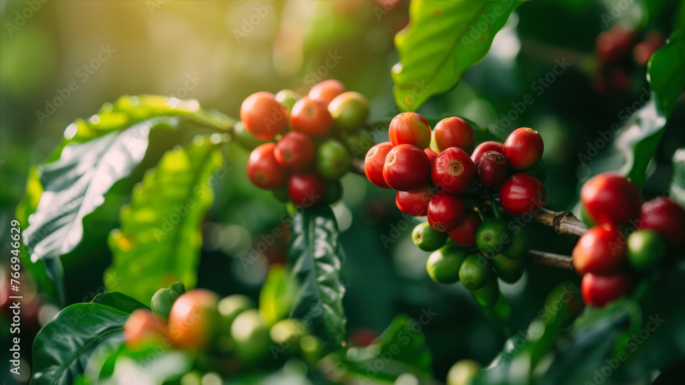 Coffee beans ripening on tree in coffee plantation. Arabica coffee berry. Coffee beans ripening on tree in coffee plantation. Arabica coffee berry.