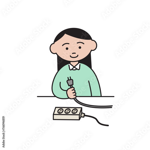 A girl is pulling the plug out of the socket for saving electricity. cartoon style illustration.