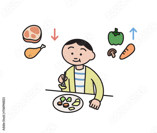 a boy is trying to eat more veggies in his diet. less meat. cartoon style vector illustration.