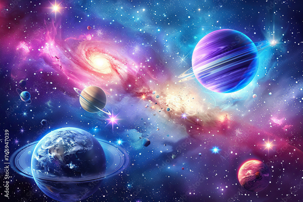 Generative ai on theme of parade of planets in solar system, bright stars glow in atmosphere Generative ai on theme of parade of planets in solar system, bright stars glow in atmosphere
