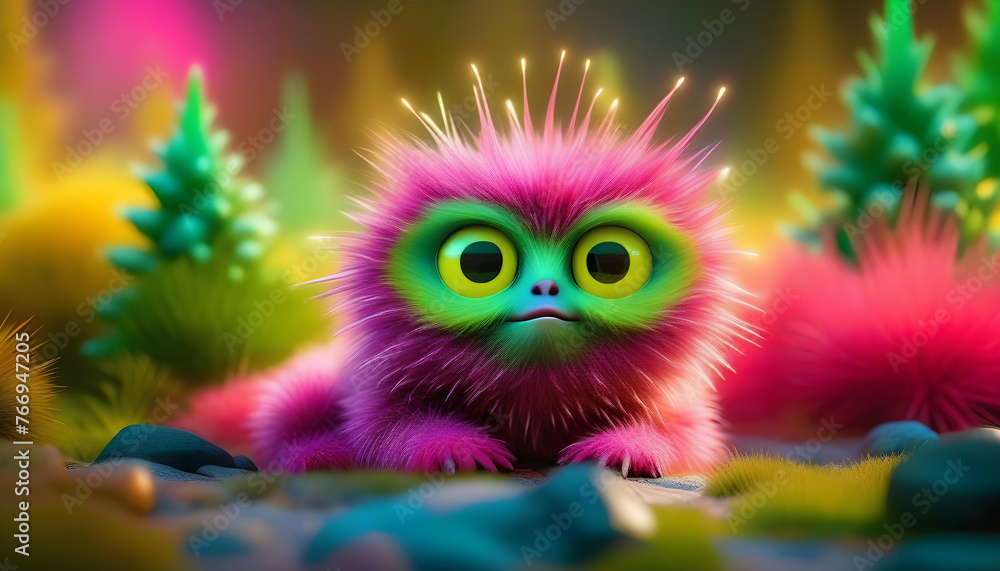 A close-up of a small fluffy animal with bright neon colors in the background A close-up of a small fluffy animal with bright neon colors in the background