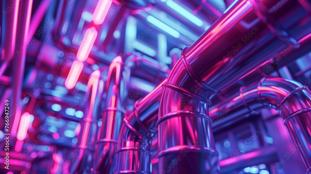 A futuristic 3D animation of a complex network of neon-lit pipes with vivid pink and blue hues, portraying a cyberpunk industrial environment with a high-tech vibe
