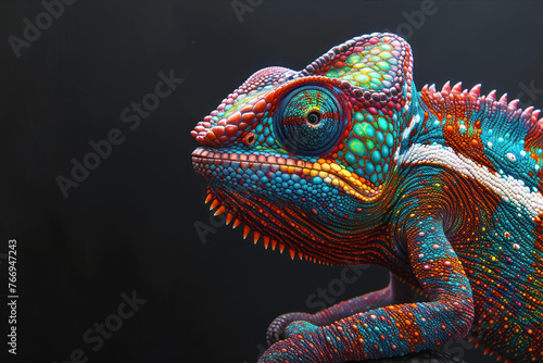 Colorful chameleon on a black background, close-up © Alex