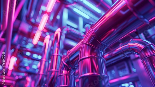 A futuristic 3D animation of a complex network of neon-lit pipes with vivid pink and blue hues, portraying a cyberpunk industrial environment with a high-tech vibe