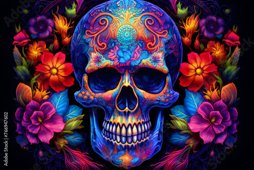blacklight painting of skull art, flower,geometric shape.