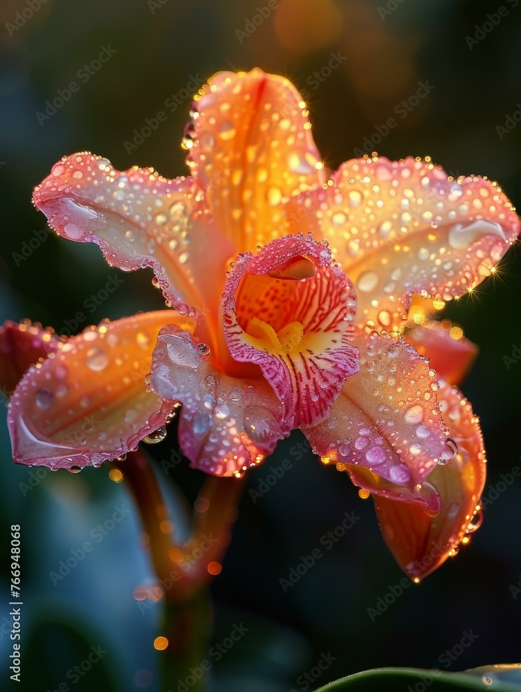 A close up of a flower with water droplets on it. Generative AI. A close up of a flower with water droplets on it. Generative AI.