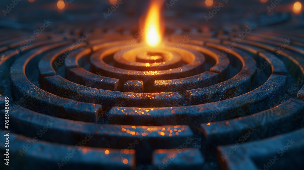 A labyrinth with a winding path leading to a shining beacon at its center, representing the journey of success A labyrinth with a winding path leading to a shining beacon at its center, representing the journey of success