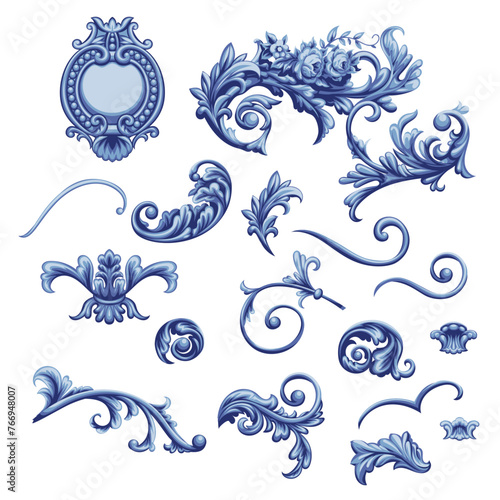 Set of blue decorative elements in Baroque style
