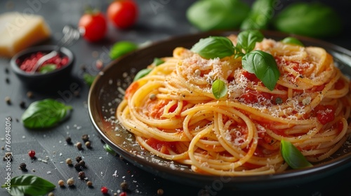 Tasty Spaghetti pasta with tomato sauce  parmesan cheese and basil on plate  closeup
