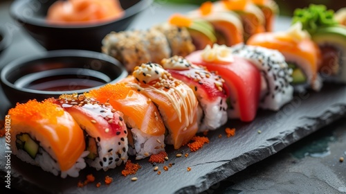 Traditional japanese Sushi roll set with salmon, avocado, cucumber and cream cheese on black stone background photo