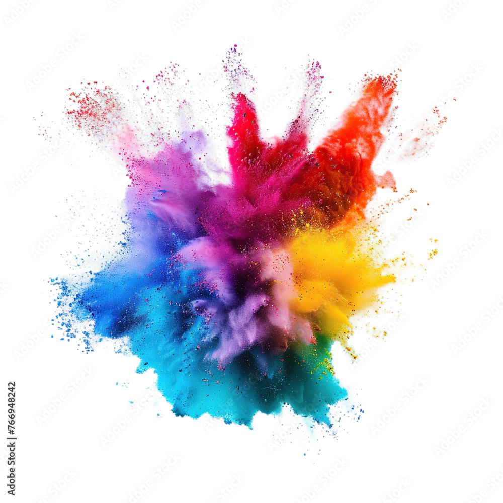 Colorful rainbow holi paint splash, color powder explosion isolated on transparent background.