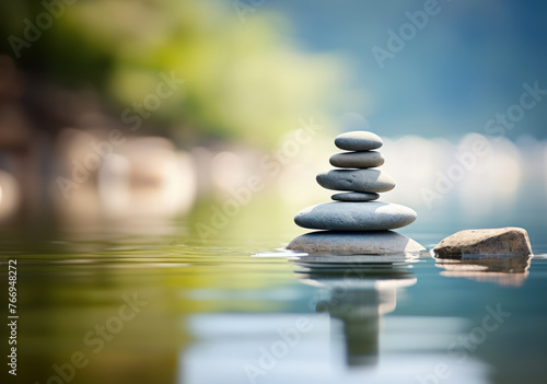 Stacked rocks balance precariously in water  representing harmony and Zen-like calmness.