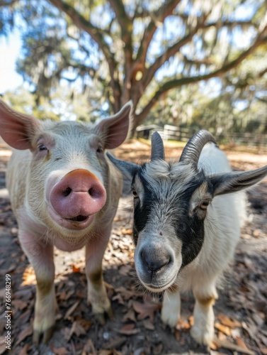 Two goats standing next to each other on a leaf covered ground. Generative AI.