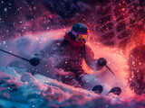 A skier soaring through a colored cloud of powder in the world of sports. AI generated. 