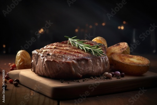 Grilled beef filet mignon steak with roasted potato, rosemary and pepper on wooden cutting board