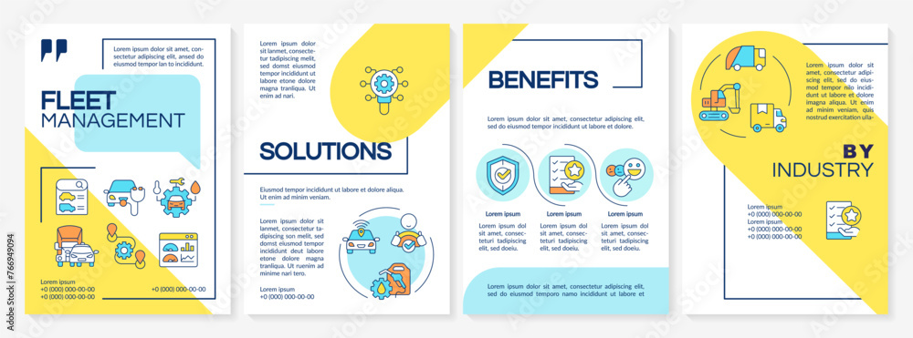 Fleet management systems blue and yellow brochure template. Leaflet design with linear icons. Editable 4 vector layouts for presentation, annual reports. Questrial, Lato-Regular fonts used