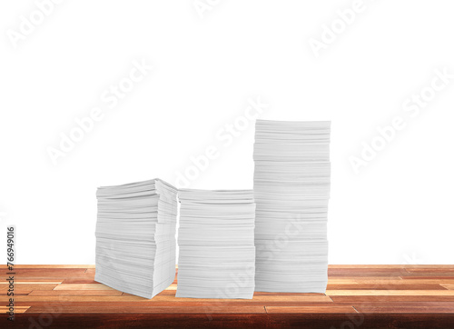 Stack of paper documents on the table Document work in the office Isolated pile on white background. © pornchai