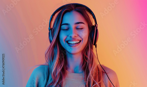 A woman is wearing headphones and smiling. She is listening to music and she is enjoying herself