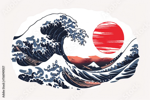 Japanese wave and sun illustration in a circular form