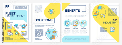 Fleet management systems blue and yellow brochure template. Leaflet design with linear icons. Editable 4 vector layouts for presentation, annual reports. Questrial, Lato-Regular fonts used