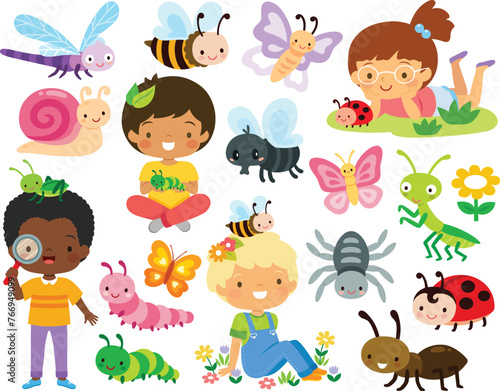 Bugs clipart set. Cute cartoon insects and kids exploring nature.