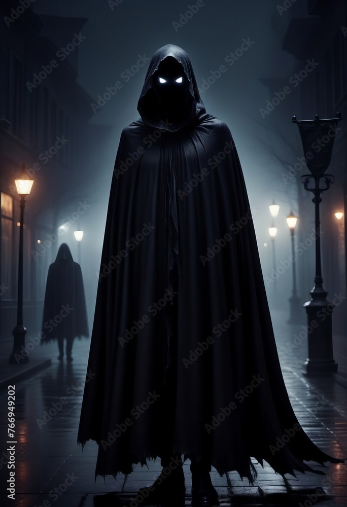 A scary figure in a black cloak, a ghost, in a dark foggy city. Halloween concept poster.