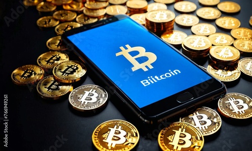 A sleek smartphone displays a vibrant blue Bitcoin graphic, set against a backdrop of assorted Bitcoin tokens. This image captures the essence of cryptocurrency trading via mobile devices. AI