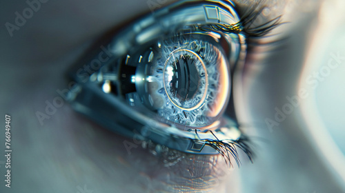 close up of a bionically enhanced eye with reflections  photo