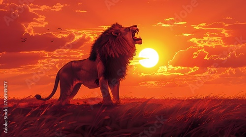 Majestic Lion Roaring at Dramatic Sunrise over Savanna Landscape © Thares2020