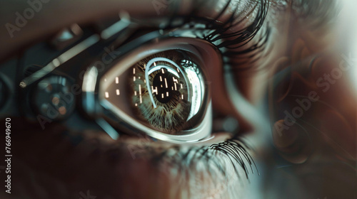 close up of a bionically enhanced eye with reflections 