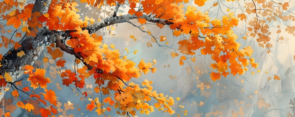 Fototapeta premium Sycamore Tree in Autumn Splendor Leaves Ablaze with Golden and Fiery Hues