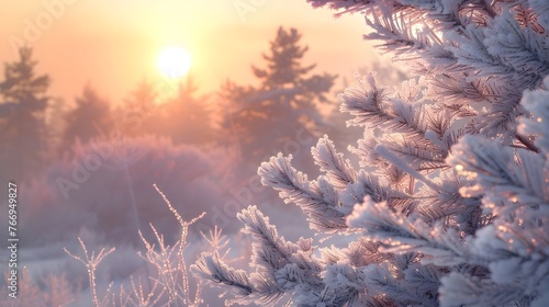 the ethereal beauty of a frost-covered pine tree at the break of dawn The delicate ice crystals © Thares2020