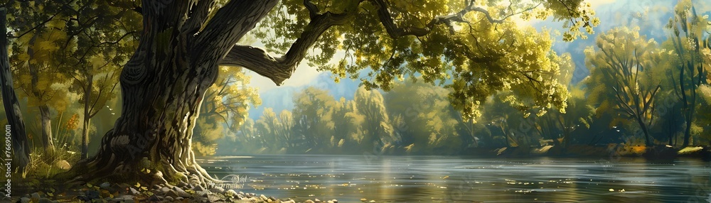 Majestic Cottonwood Tree Overlooking Serene River in Lush Verdant Summer Landscape - obrazy, fototapety, plakaty 