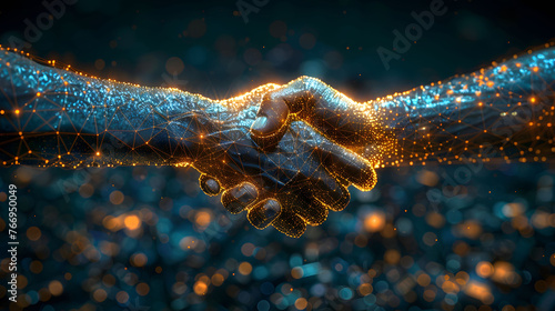 Digital handshake concept with glowing cyber particles, symbolizing virtual agreement and connection
