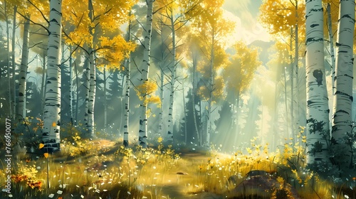 Vibrant Autumn Aspen Grove Bathed in Soft Sunlight and Misty Atmosphere