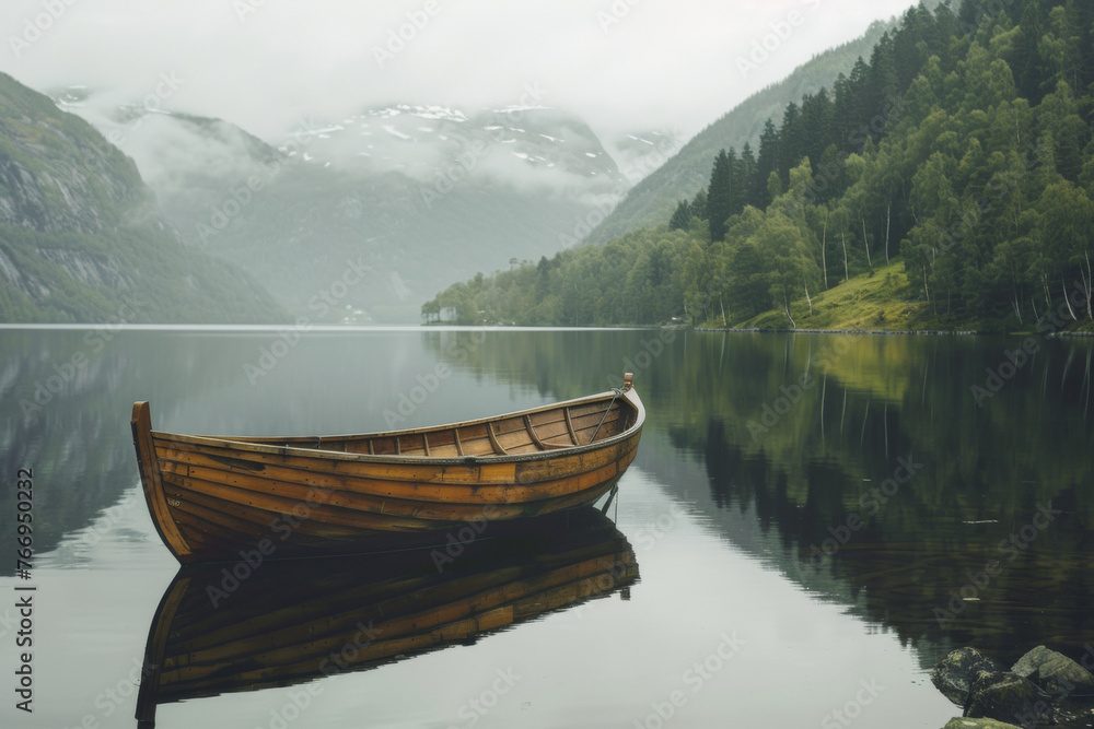 Serene wooden boat on a misty fjord in the early morning.