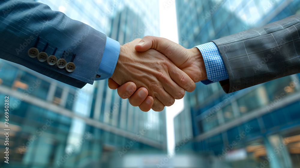 Close-up view of a corporate handshake in front of a modern office building Close-up view of a corporate handshake in front of a modern office building