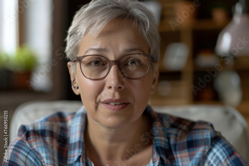Mature woman wearing glasses with a contemplative look.