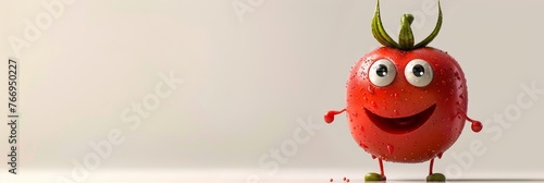 Charming tomato character with a beaming smile, winking on a soft white background with copy space