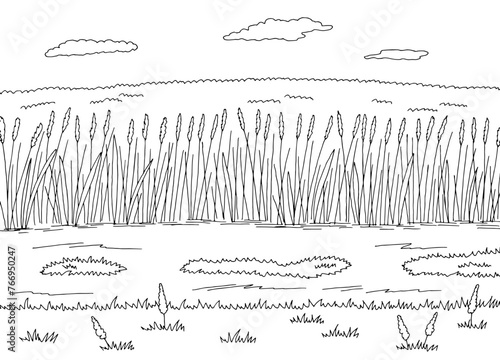 Field road graphic black white rural landscape sketch illustration vector 