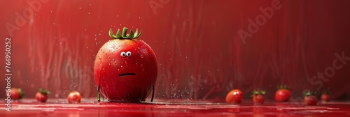 Saddened tomato character with a teardrop, amidst a dramatic red backdrop with water droplets, banner with copy space photo