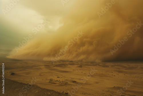 A monstrous sandstorm looms, engulfing a vast desert landscape under an ominous sky.