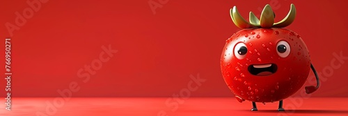 Playful ripe tomato character with a surprised expression on a vivid red background, banner with copy space © Roman Korneev