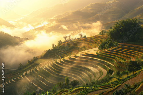 Sun kisses the curves of a breathtaking terraced landscape at dawn.