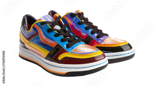 A pair of stylish men's sneakers, their sleek design and vibrant colors popping against a white transparent background
