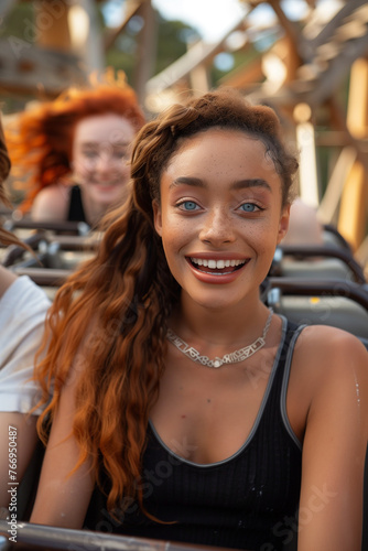 young woman riding down the hill of a large wooden roller coaster.Having fun concept