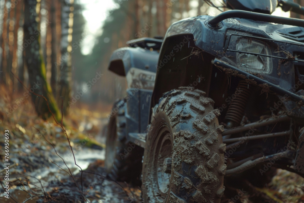 Muddy all-terrain vehicle (ATV) in a forest, showcasing rugged outdoor adventure.