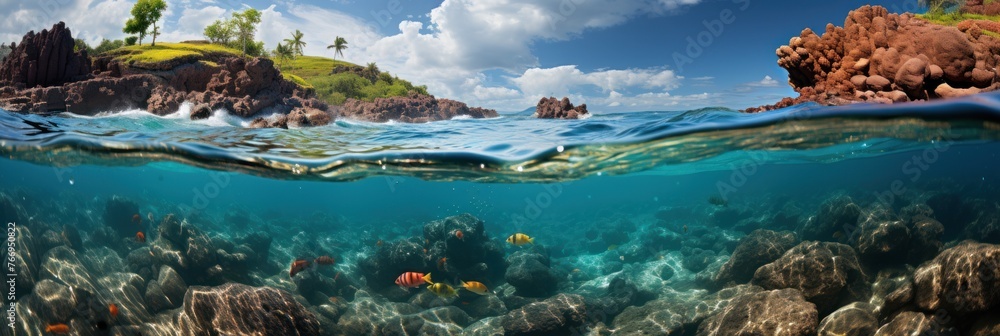 Tropical island and coral reef visible under the clear water