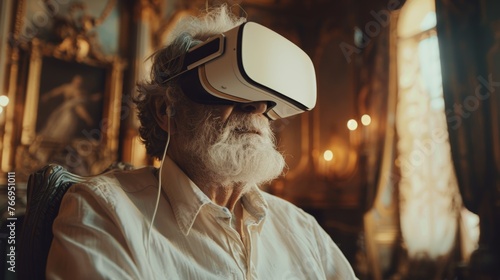 Aging and technology, joyful senior man exploring virtual reality headset intrigued expression happy friendly with modern gamer or entertainment simulation, elderly pensioner man having fun cyber game